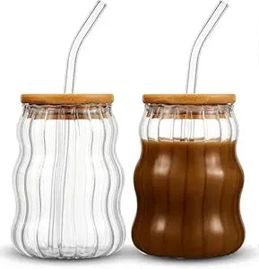Glass Cups with Lids and Straws