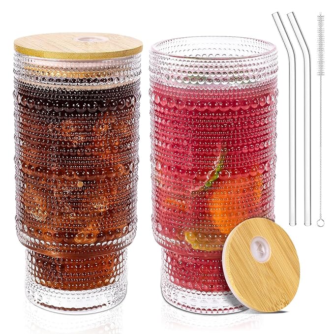 Glass Cups with Lids and Straws